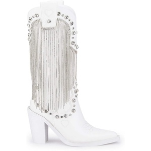 Dolls Kill Present Perfect Cowboy Boots by Sugar Thrillz – Vegan Leather Footwear With Rhinestone Fringe and Jewel Studs(White)