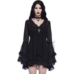 Dolls Kill Real Divinity Mini Dress by Sugar Thrillz – Heavenly Chiffon Dress with Tiered Bell Sleeves and Ruffled Trim(Black)
