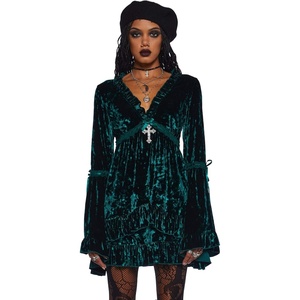 Dolls Kill Real Divinity Mini Dress by Sugar Thrillz – Heavenly Chiffon Dress with Tiered Bell Sleeves and Ruffled Trim(Emerald Velvet)