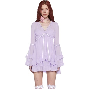 Dolls Kill Real Divinity Mini Dress by Sugar Thrillz – Heavenly Chiffon Dress with Tiered Bell Sleeves and Ruffled Trim(Lavender)