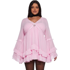 Dolls Kill Real Divinity Mini Dress by Sugar Thrillz – Heavenly Chiffon Dress with Tiered Bell Sleeves and Ruffled Trim(Light Pink)