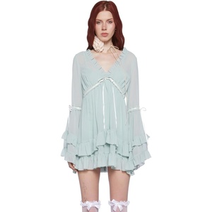 Dolls Kill Real Divinity Mini Dress by Sugar Thrillz – Heavenly Chiffon Dress with Tiered Bell Sleeves and Ruffled Trim(Sage)