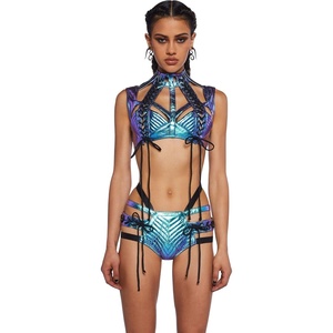 Dolls Kill Rude Awakening Harness Bra Top by Club Exx – Vegan Leather, Lace-Up, Cropped Fit for Festivals and Raves(Blue)