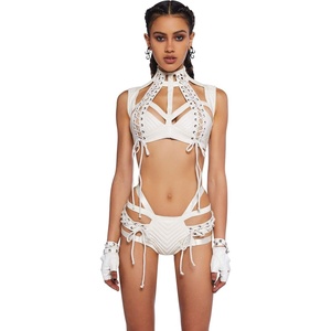 Dolls Kill Rude Awakening Harness Bra Top by Club Exx – Vegan Leather, Lace-Up, Cropped Fit for Festivals and Raves(White)