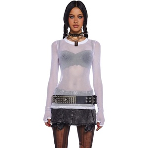 Dolls Kill See Thru Me Fishnet Top by Current Mood – Stretchy Long Sleeve Fishnet Top with Thumbhole Cuffs for Edgy Fashion(White)