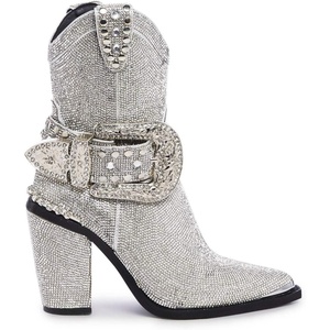 Dolls Kill Sheriff Shine Cowboy Boots by Club Exx – Rhinestone Encrusted Boots Made From Vegan Leather(Silver)