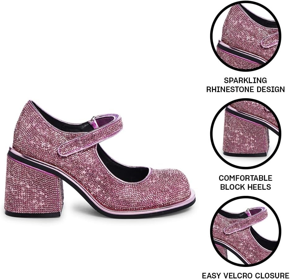 image:imageDolls Kill Desire Me Rhinestone Mary Janes by Sugar Thrillz Pumps with Sparkling Rhinestones Block Heels and HookandLoop Closure Perfect for Parties and Nights OutPink