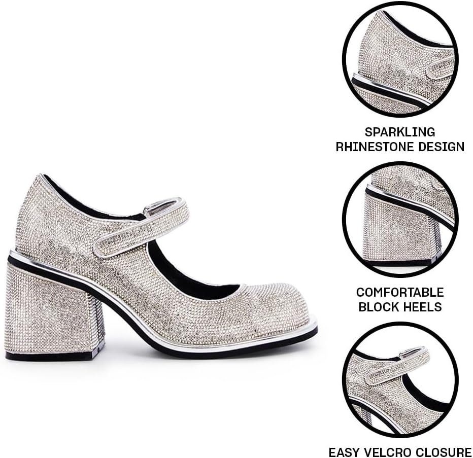 image:imageDolls Kill Desire Me Rhinestone Mary Janes by Sugar Thrillz Pumps with Sparkling Rhinestones Block Heels and HookandLoop Closure Perfect for Parties and Nights OutSilver