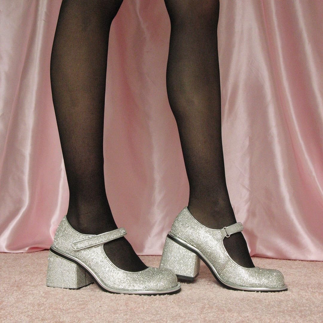 image:imageDolls Kill Desire Me Rhinestone Mary Janes by Sugar Thrillz Pumps with Sparkling Rhinestones Block Heels and HookandLoop Closure Perfect for Parties and Nights OutSilver