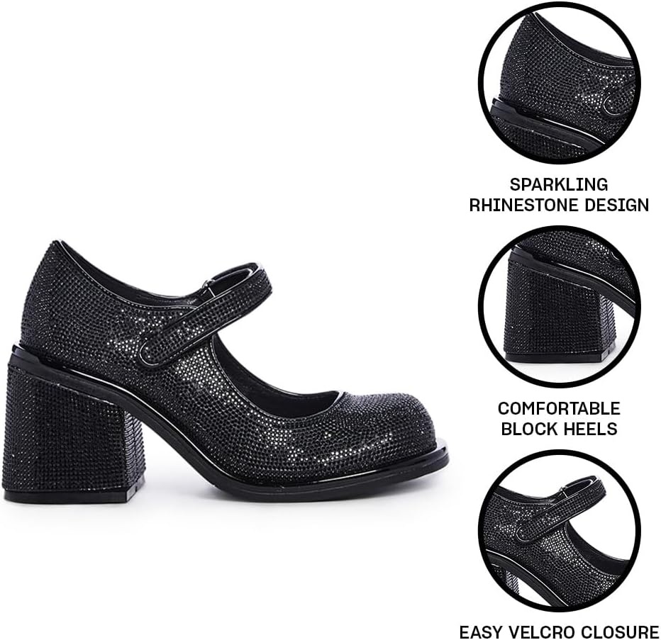 image:imageDolls Kill Desire Me Rhinestone Mary Janes by Sugar Thrillz Pumps with Sparkling Rhinestones Block Heels and HookandLoop Closure Perfect for Parties and Nights OutBlack