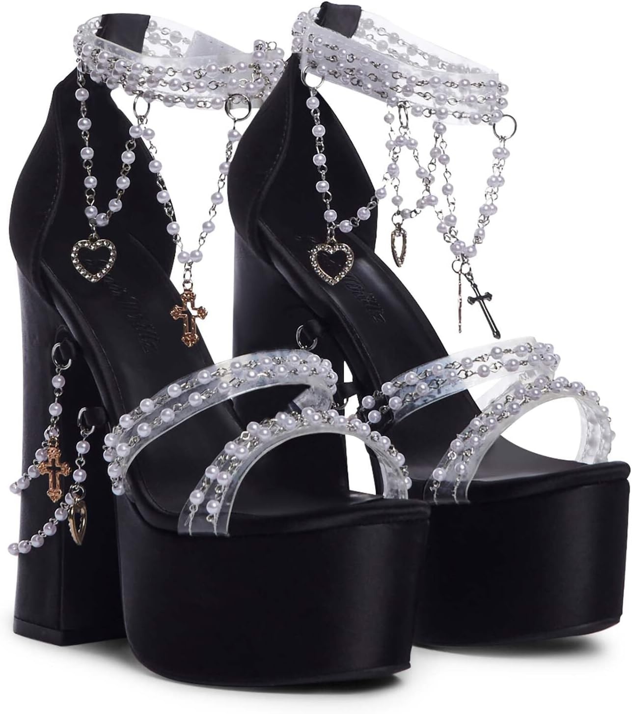 image:imageDolls Kill Holy Revelation Platform Heels by Sugar Thrillz Velvet Heels with Pearl Beads amp Adjustable StrapsBlack