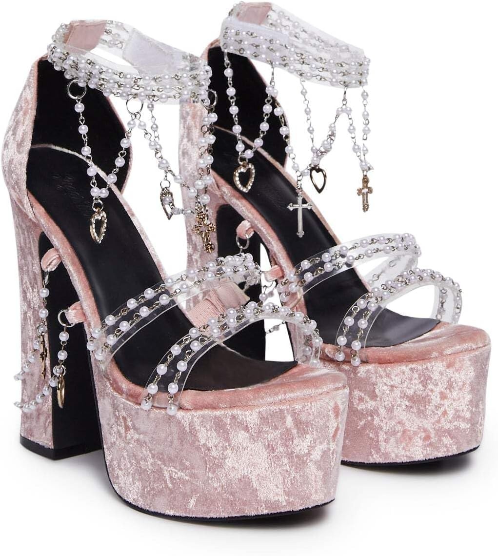 image:imageDolls Kill Holy Revelation Platform Heels by Sugar Thrillz Velvet Heels with Pearl Beads amp Adjustable StrapsPink