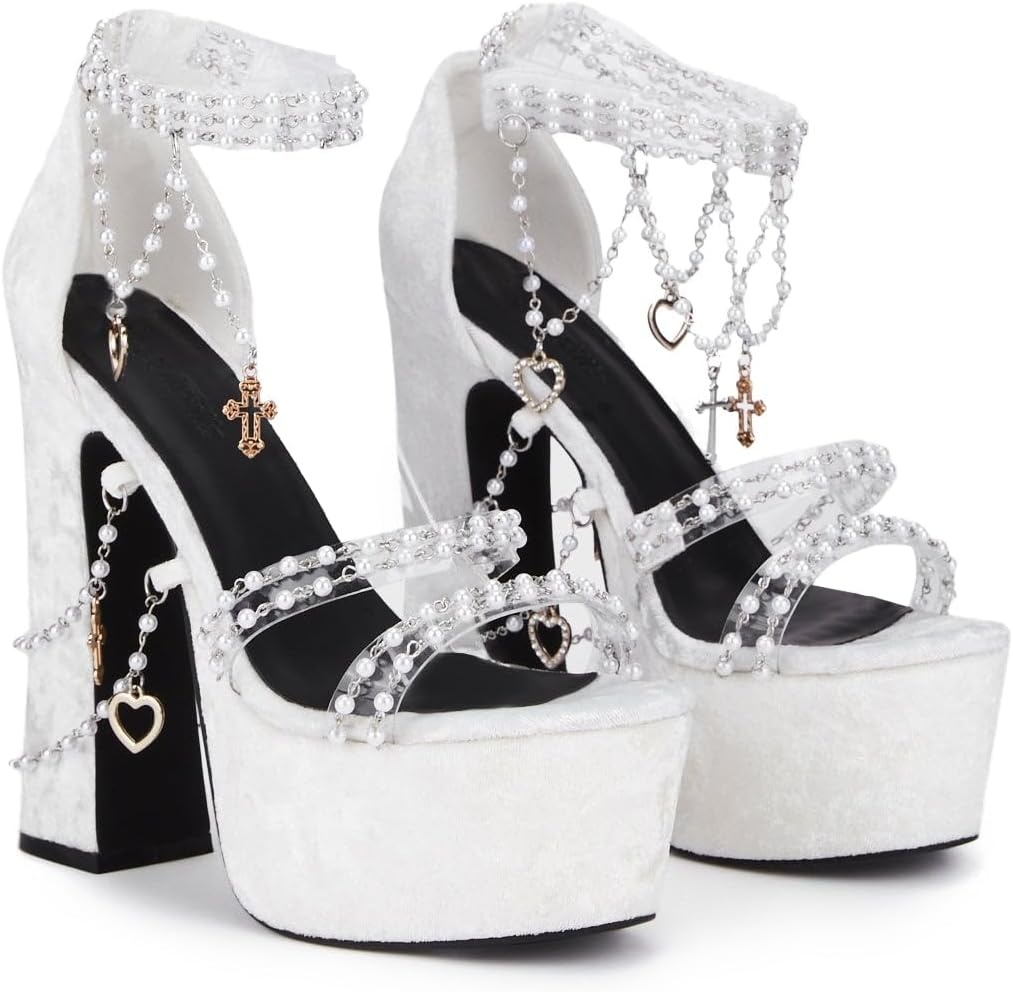 image:imageDolls Kill Holy Revelation Platform Heels by Sugar Thrillz Velvet Heels with Pearl Beads amp Adjustable StrapsWhite