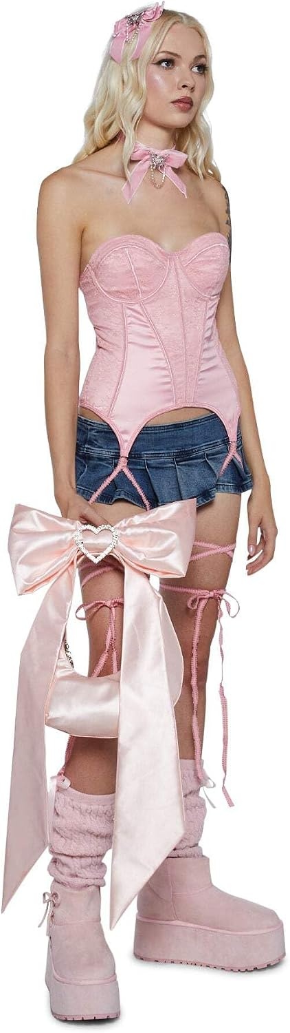 image:imageDolls Kill Lady Royal Shoulder Bag by Sugar Thrillz Satin Purse with Rhinestone Ribbon Handle amp Heart AccentPink