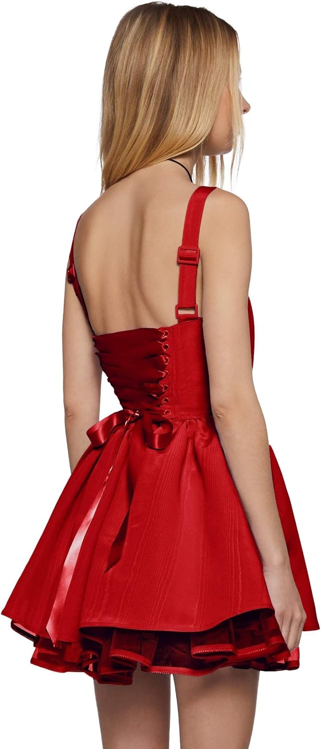 image:imageDolls Kill Magic Moves Corset Dress by Sugar Thrillz Taffeta Corset Dress with Fishnet Mesh Petticoat amp LaceUp BackRed