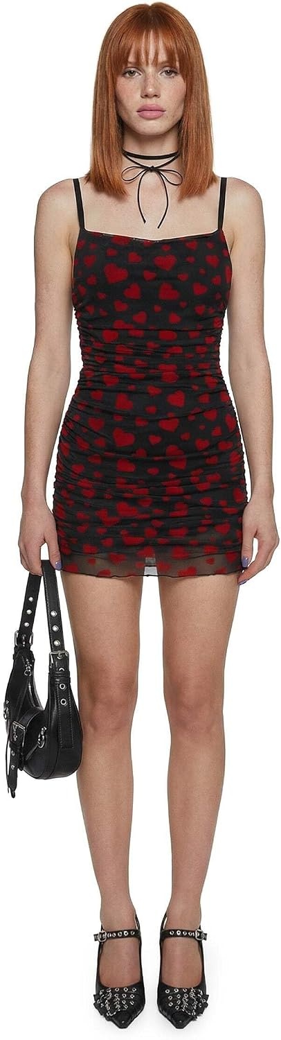 image:imageDolls Kill Noir Rise and Fall Mesh Dress by Sugar Thrillz Ruched Mini Dress with Heart Print amp Lettuce TrimBlack