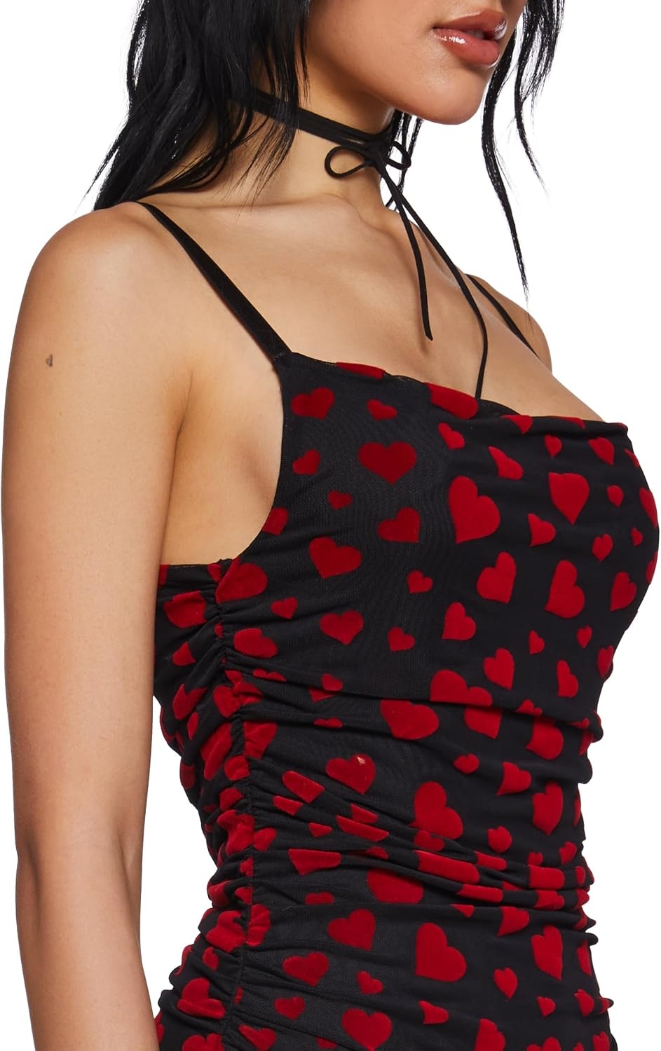 image:imageDolls Kill Noir Rise and Fall Mesh Dress by Sugar Thrillz Ruched Mini Dress with Heart Print amp Lettuce TrimBlack