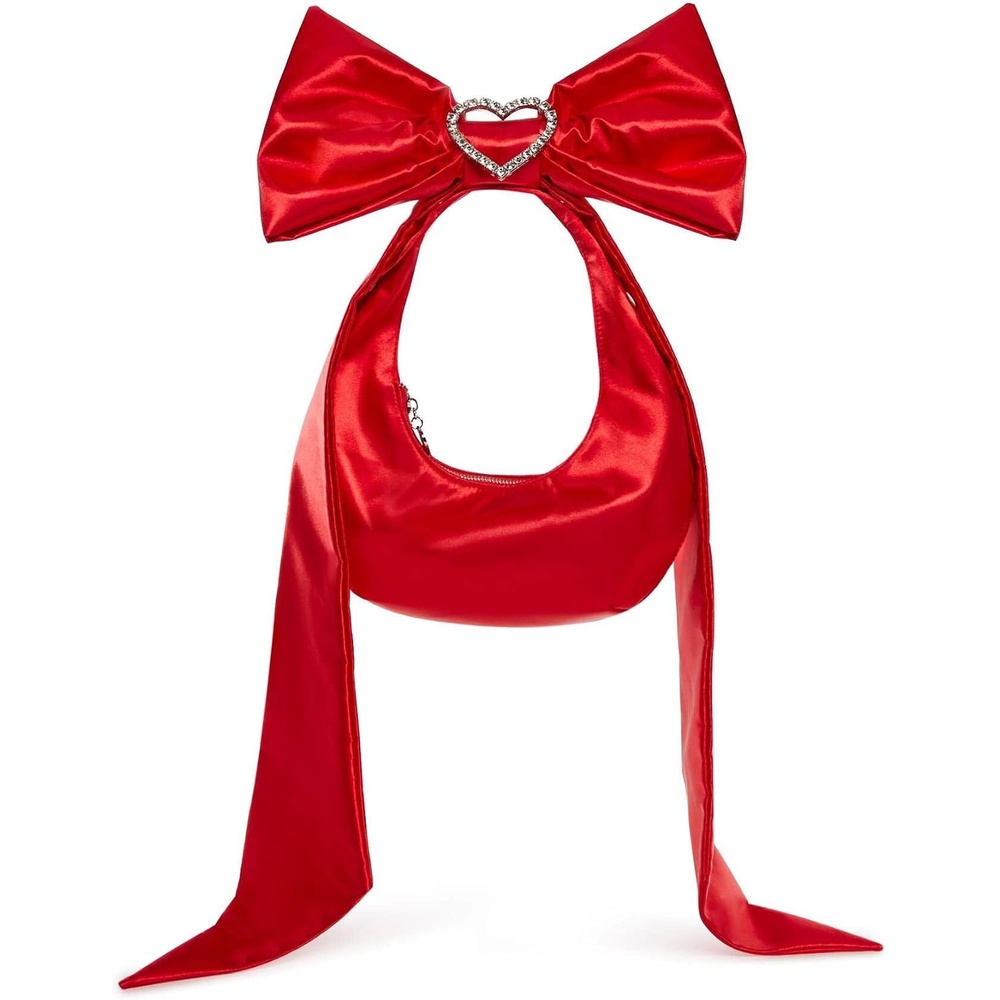 image:imageDolls Kill Lady Royal Shoulder Bag by Sugar Thrillz Satin Purse with Rhinestone Ribbon Handle amp Heart AccentRed