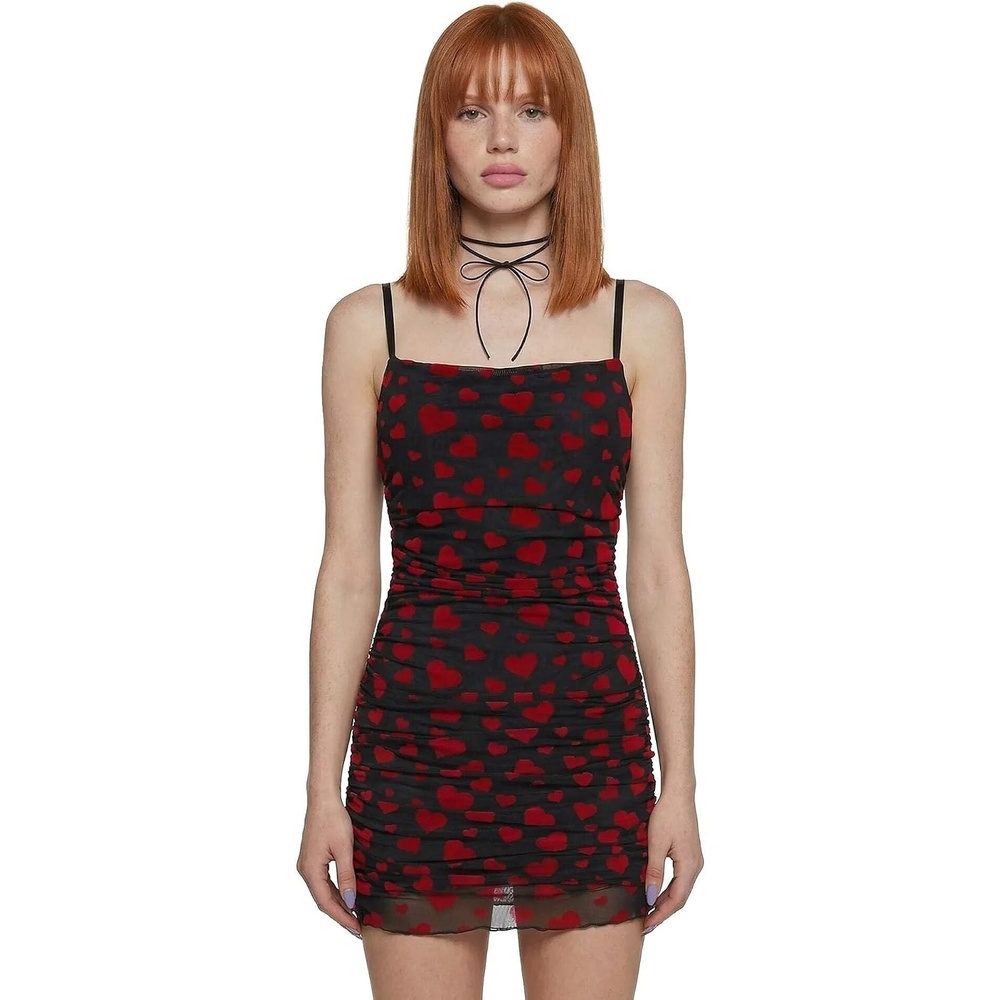 image:imageDolls Kill Noir Rise and Fall Mesh Dress by Sugar Thrillz  Ruched Mini Dress with Heart Print amp Lettuce TrimBlack