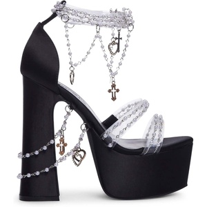 Dolls Kill Holy Revelation Platform Heels by Sugar Thrillz, Velvet Heels with Pearl Beads & Adjustable Straps(Black)