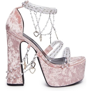 Dolls Kill Holy Revelation Platform Heels by Sugar Thrillz, Velvet Heels with Pearl Beads & Adjustable Straps(Pink)