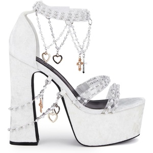 Dolls Kill Holy Revelation Platform Heels by Sugar Thrillz, Velvet Heels with Pearl Beads & Adjustable Straps(White)