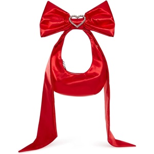 Dolls Kill Lady Royal Shoulder Bag by Sugar Thrillz – Satin Purse with Rhinestone Ribbon Handle & Heart Accent(Red)