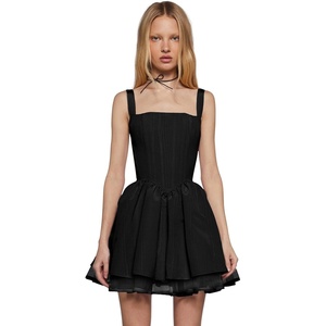 Dolls Kill Magic Moves Corset Dress by Sugar Thrillz – Taffeta Corset Dress with Fishnet Mesh Petticoat & Lace-Up Back(Black)