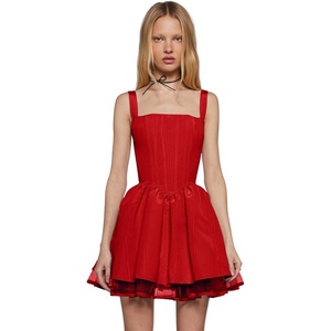 Dolls Kill Magic Moves Corset Dress by Sugar Thrillz – Taffeta Corset Dress with Fishnet Mesh Petticoat & Lace-Up Back(Red)
