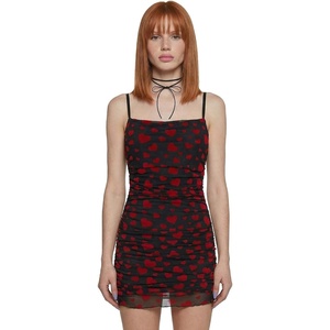 Dolls Kill Noir Rise and Fall Mesh Dress by Sugar Thrillz – Ruched Mini Dress with Heart Print & Lettuce Trim(Black)