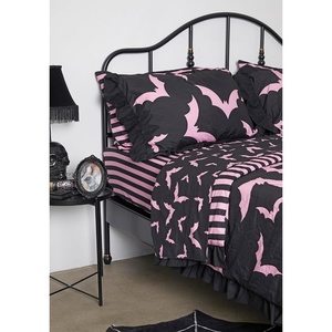 Dolls Kill Sweet Bat Behavior 2.0 Sheet Set – Bat and Stripe Print Bedding with Fitted Sheet and Pillow Shams for Spooky Style, Full/Queen