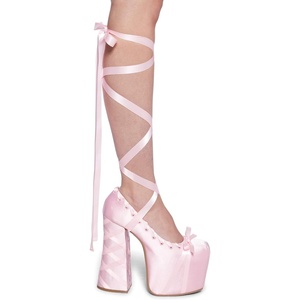 Dolls Kill Sweet Sonata Ballet Wrap Heels by Sugar Thrillz – Satin Platform Heels with Lace-Up Ribbons & Bow(Pink)