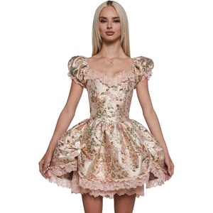 Dolls Kill Tea and Circumstance Brocade Mini Dress by Sugar Thrillz – Elegant Pink Dress with Puffy Sleeves & Bow(Pink)