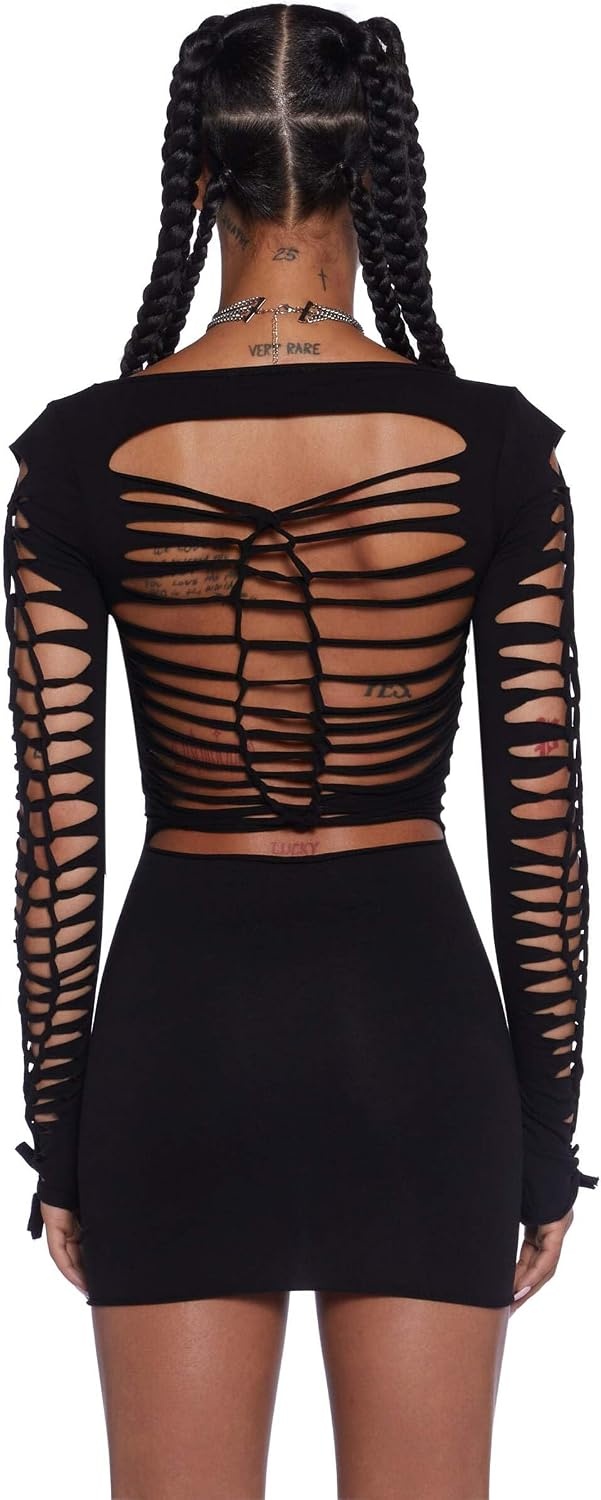 image:imageDolls Kill Alternative Spells CutOut Dress by Current Mood Stretch Cotton Mini Dress with Slashed Cutouts Long Sleeves and Tie DetailsBlack