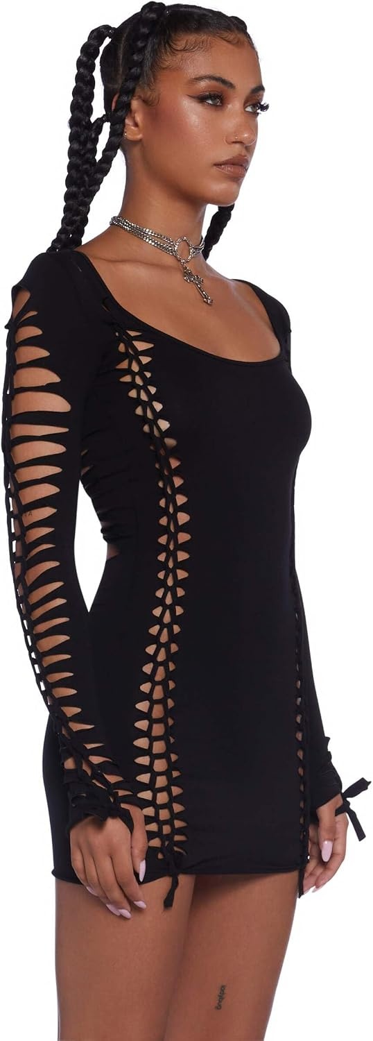 image:imageDolls Kill Alternative Spells CutOut Dress by Current Mood Stretch Cotton Mini Dress with Slashed Cutouts Long Sleeves and Tie DetailsBlack