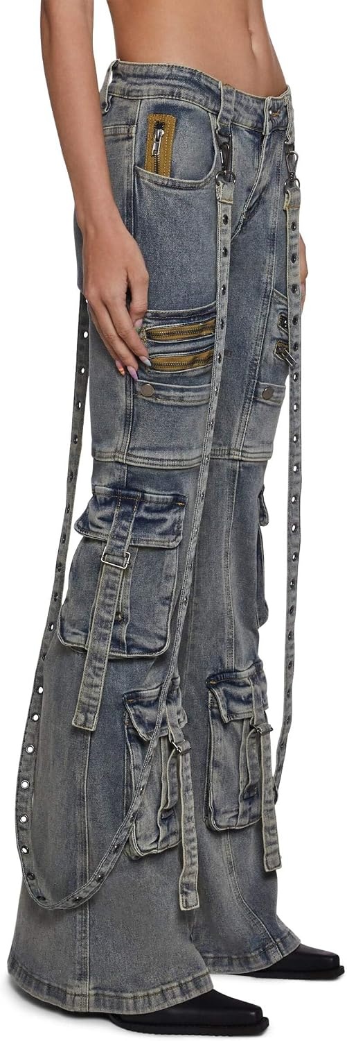 image:imageDolls Kill Aurora Cargo Jeans by Generation Kiss Low Rise Flared Denim Cargo Pants with Suspender Straps amp Zipper TrimBlue