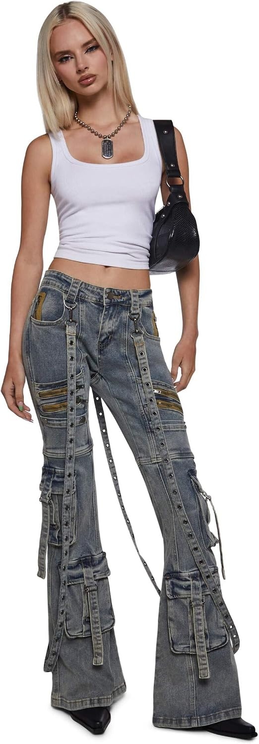 image:imageDolls Kill Aurora Cargo Jeans by Generation Kiss Low Rise Flared Denim Cargo Pants with Suspender Straps amp Zipper TrimBlue