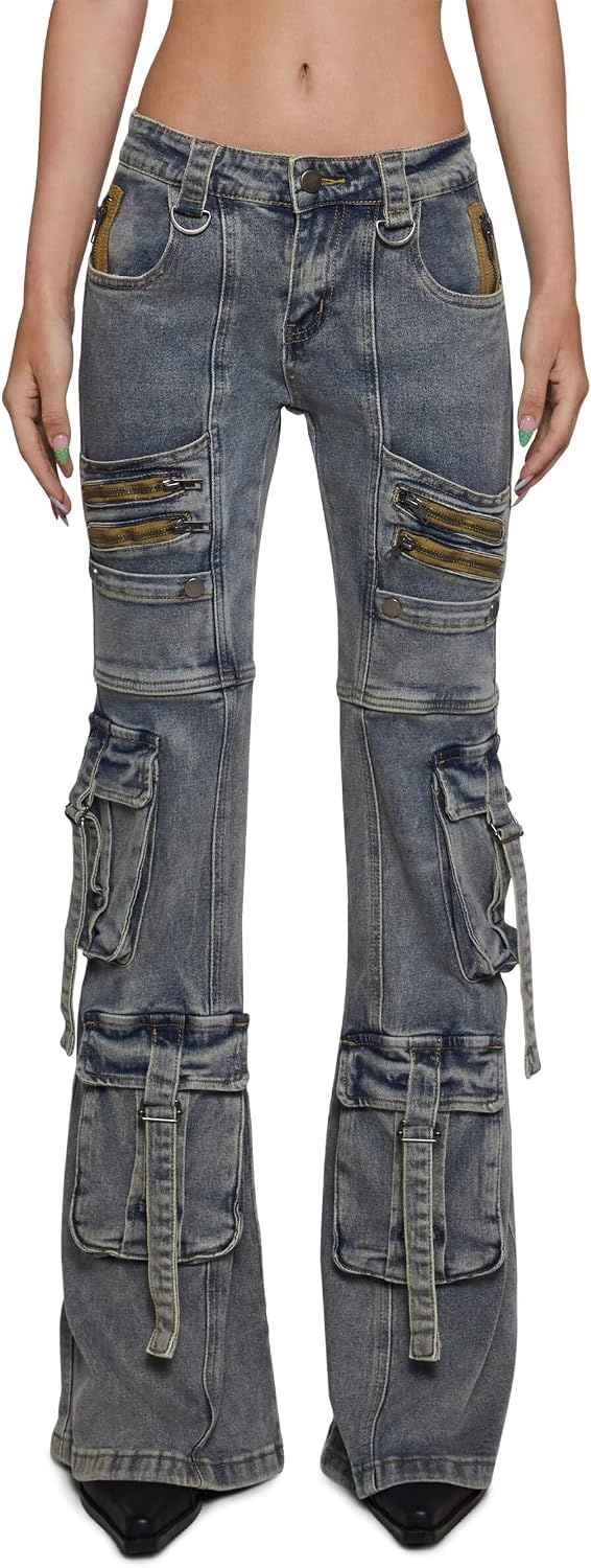 image:imageDolls Kill Aurora Cargo Jeans by Generation Kiss Low Rise Flared Denim Cargo Pants with Suspender Straps amp Zipper TrimBlue