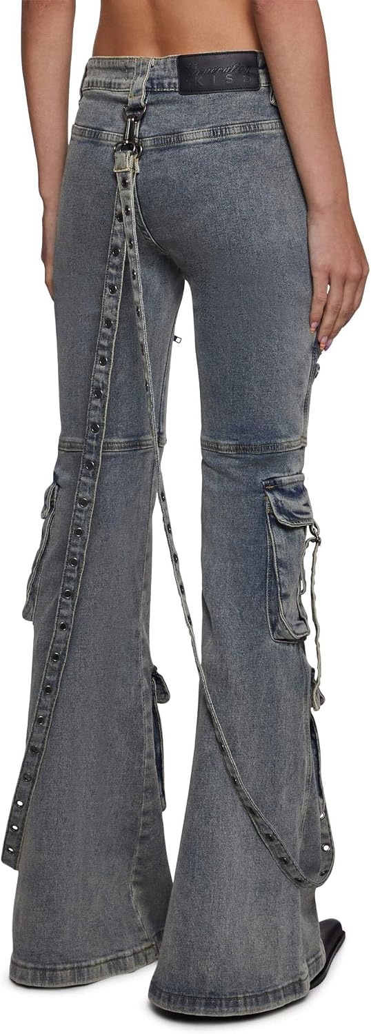 image:imageDolls Kill Aurora Cargo Jeans by Generation Kiss Low Rise Flared Denim Cargo Pants with Suspender Straps amp Zipper TrimBlue