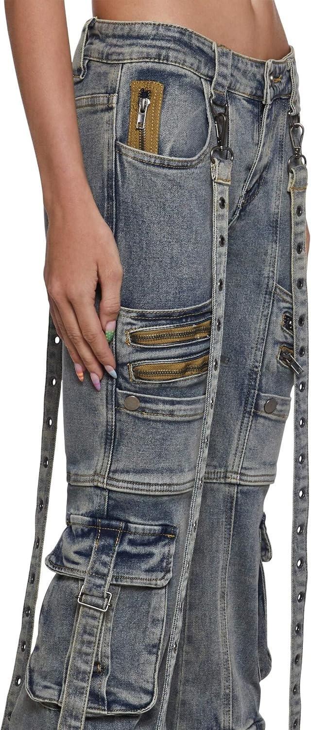 image:imageDolls Kill Aurora Cargo Jeans by Generation Kiss Low Rise Flared Denim Cargo Pants with Suspender Straps amp Zipper TrimBlue