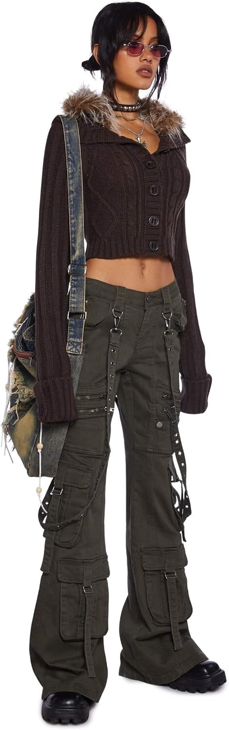 image:imageDolls Kill Aurora Cargo Jeans by Generation Kiss Low Rise Flared Denim Cargo Pants with Suspender Straps amp Zipper TrimGreen