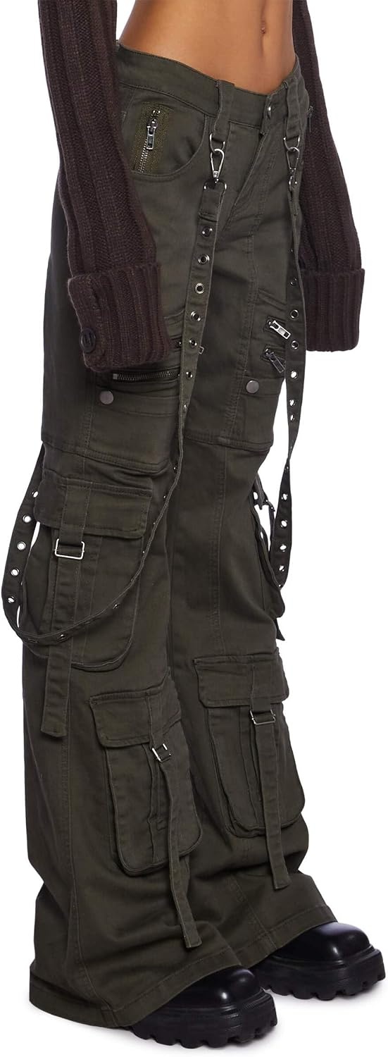 image:imageDolls Kill Aurora Cargo Jeans by Generation Kiss Low Rise Flared Denim Cargo Pants with Suspender Straps amp Zipper TrimGreen