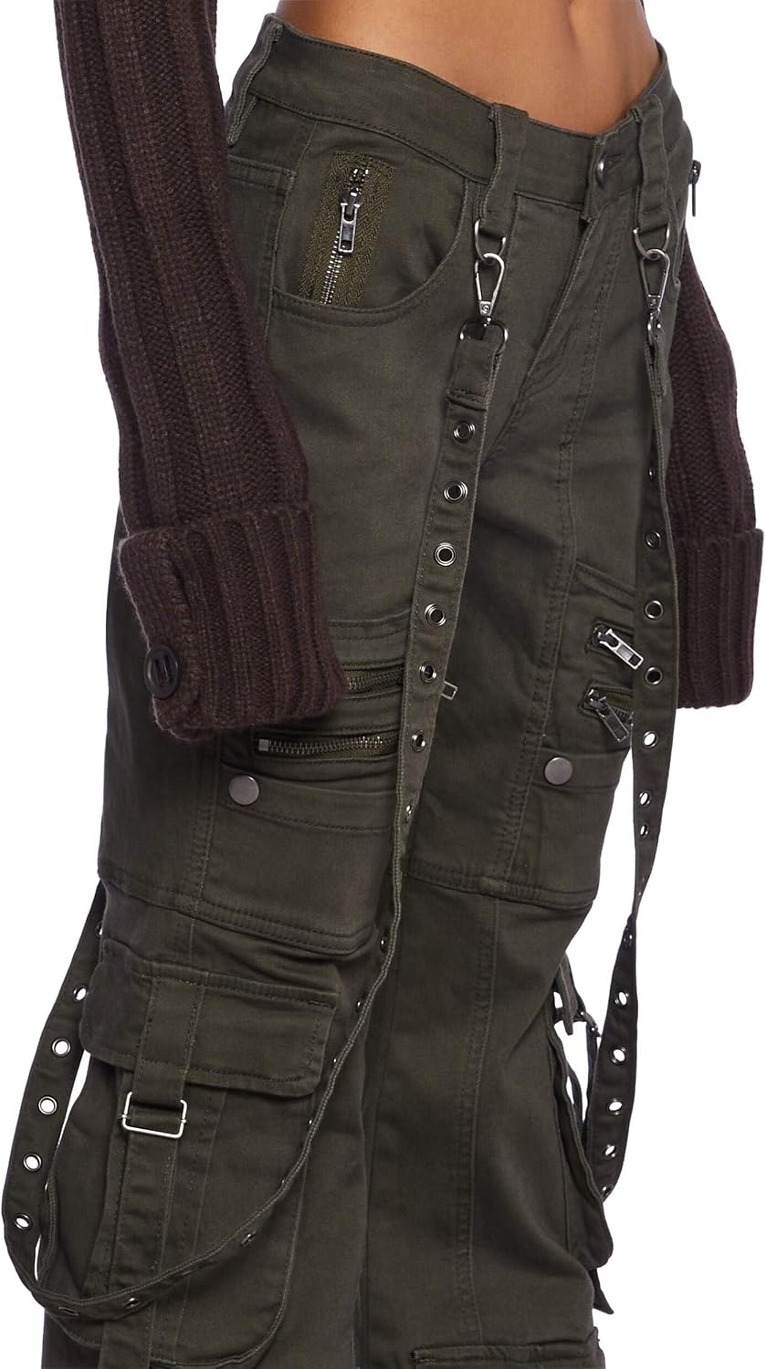 image:imageDolls Kill Aurora Cargo Jeans by Generation Kiss Low Rise Flared Denim Cargo Pants with Suspender Straps amp Zipper TrimGreen