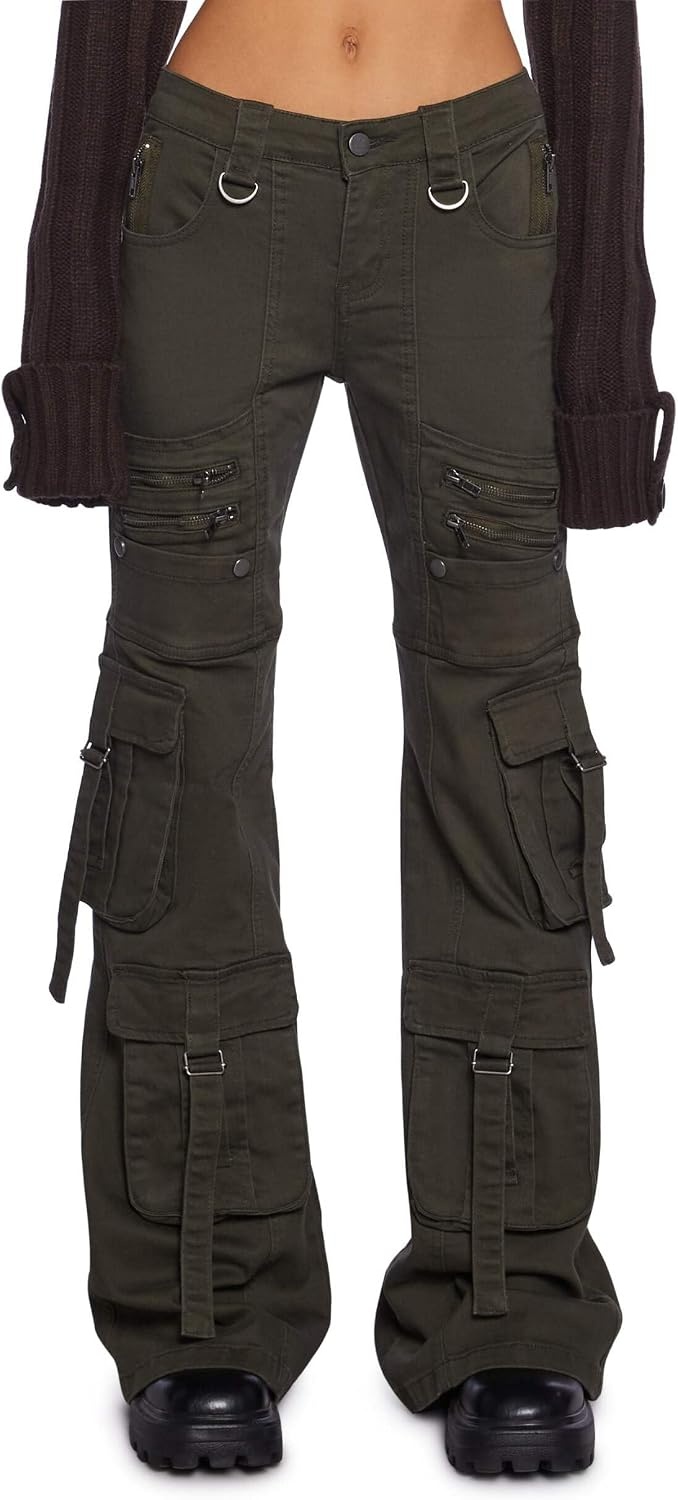 image:imageDolls Kill Aurora Cargo Jeans by Generation Kiss Low Rise Flared Denim Cargo Pants with Suspender Straps amp Zipper TrimGreen