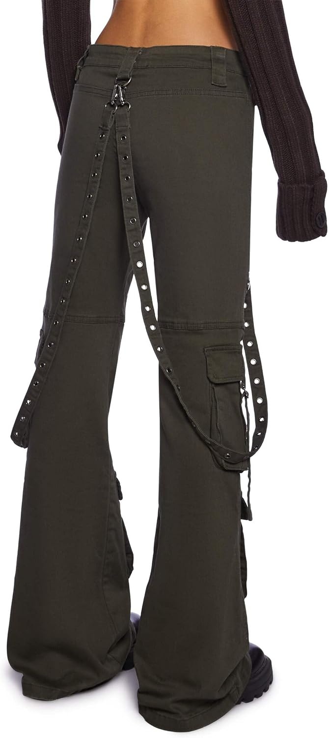 image:imageDolls Kill Aurora Cargo Jeans by Generation Kiss Low Rise Flared Denim Cargo Pants with Suspender Straps amp Zipper TrimGreen