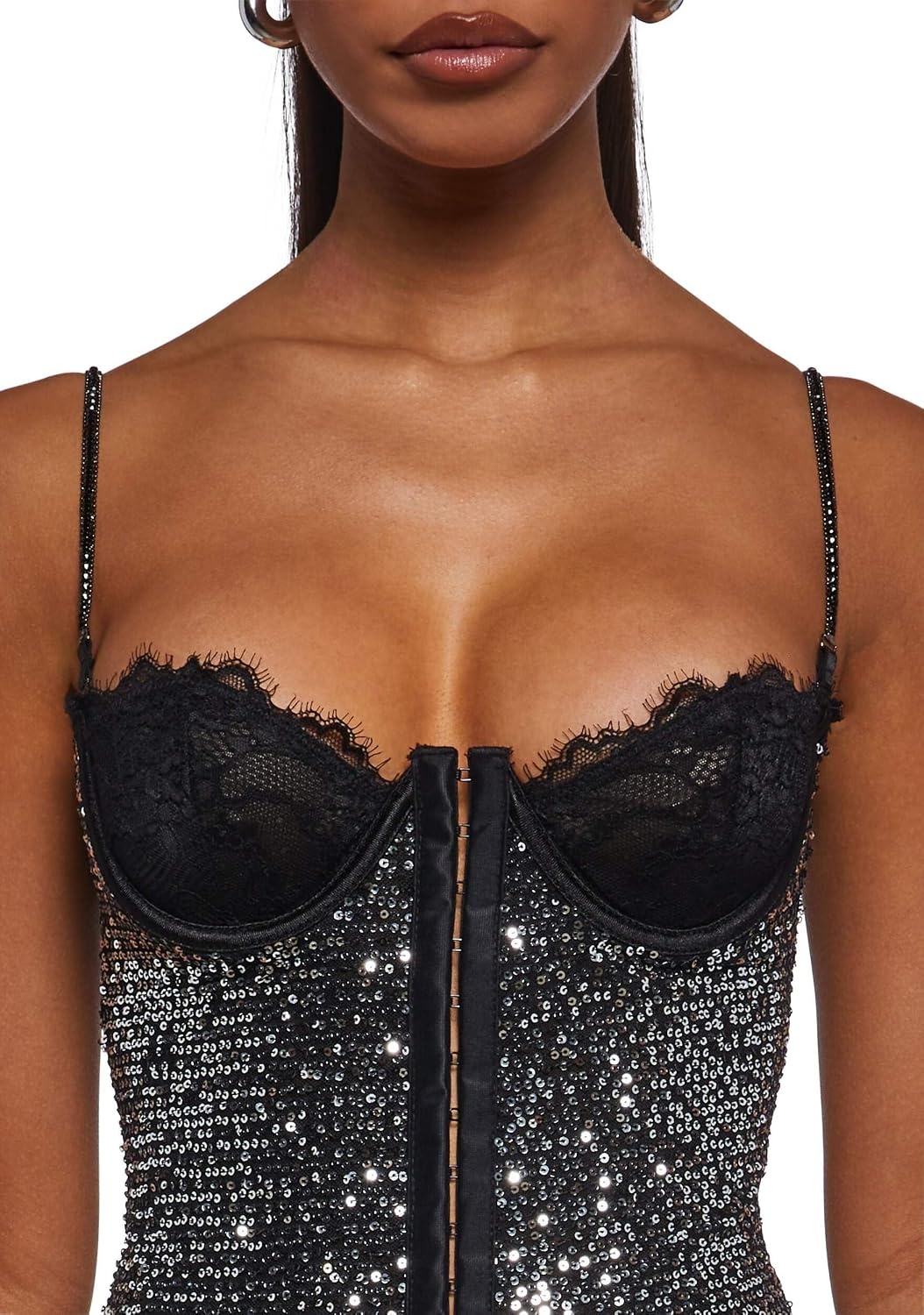 image:imageDolls Kill Captivating Gazes Slip Dress by Current Mood Mesh Slip Dress with Lace Trim Underwire Bust Structured Boning HookandEye Front and Mini SilhouetteSilver