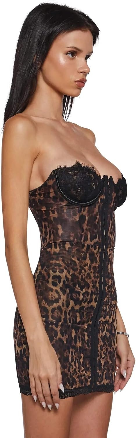 image:imageDolls Kill Captivating Gazes Slip Dress by Current Mood Mesh Slip Dress with Lace Trim Underwire Bust Structured Boning HookandEye Front and Mini SilhouetteLeopard