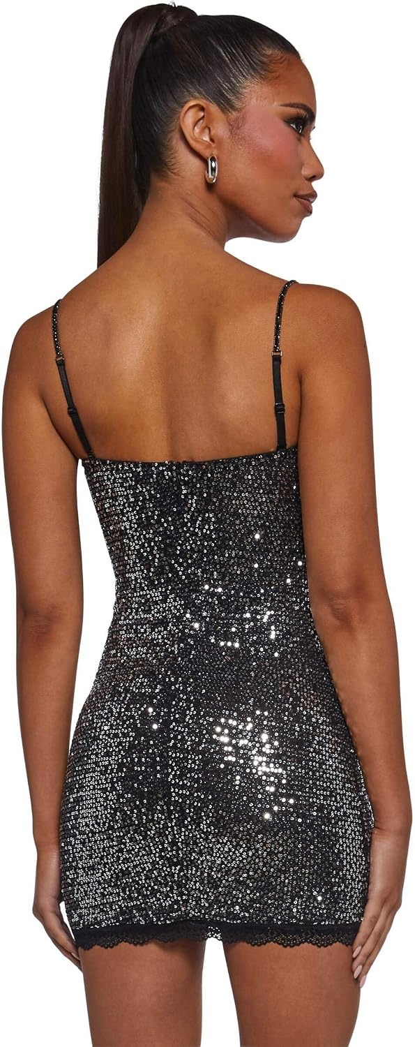 image:imageDolls Kill Captivating Gazes Slip Dress by Current Mood Mesh Slip Dress with Lace Trim Underwire Bust Structured Boning HookandEye Front and Mini SilhouetteSilver