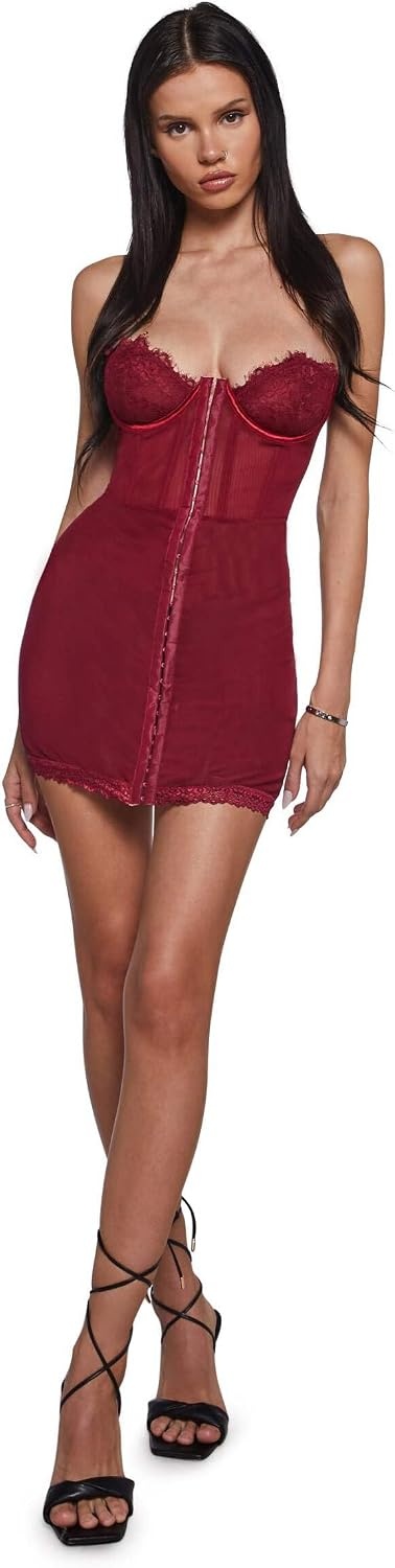 image:imageDolls Kill Captivating Gazes Slip Dress by Current Mood Mesh Slip Dress with Lace Trim Underwire Bust Structured Boning HookandEye Front and Mini SilhouetteRed