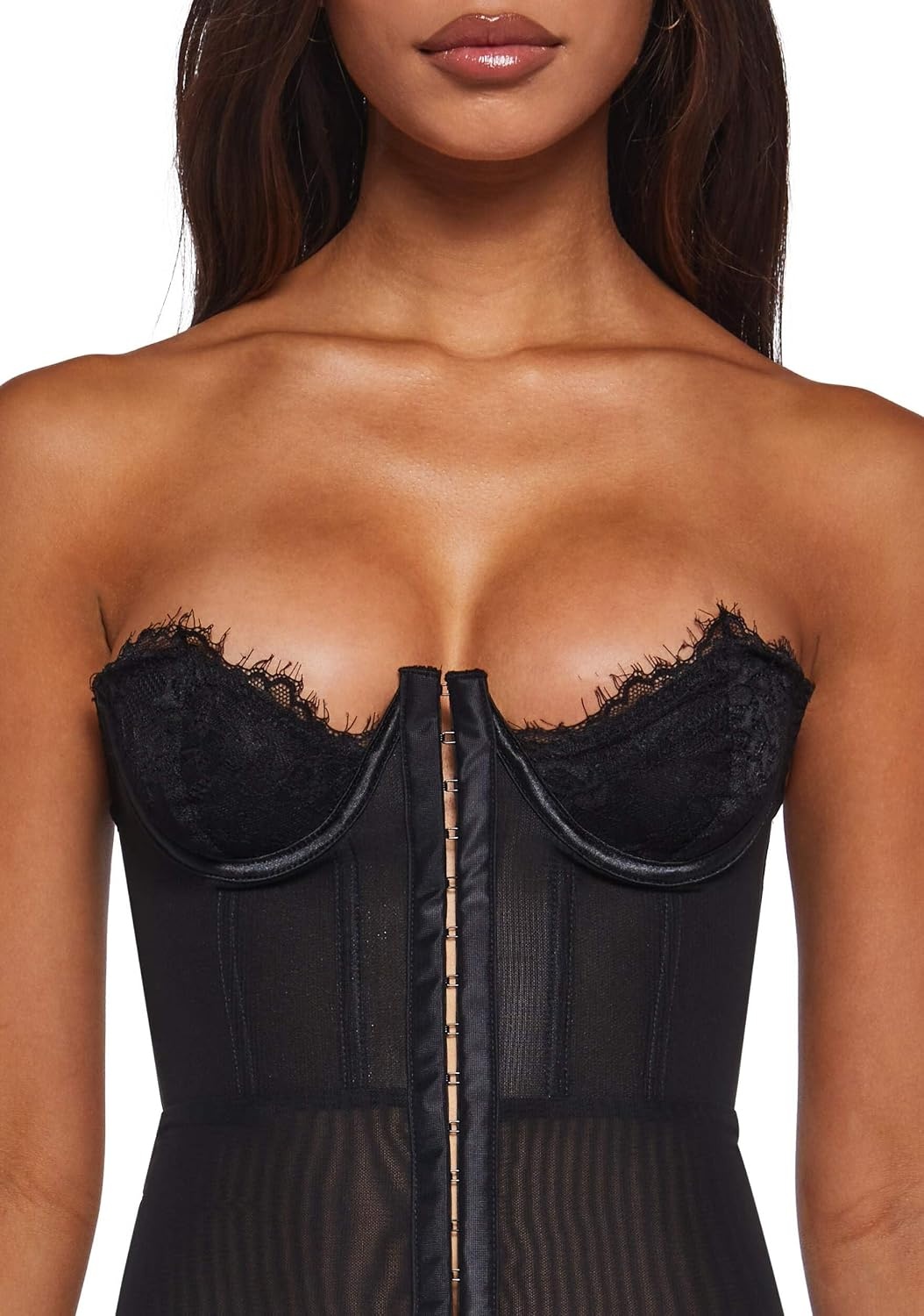 image:imageDolls Kill Captivating Gazes Slip Dress by Current Mood Mesh Slip Dress with Lace Trim Underwire Bust Structured Boning HookandEye Front and Mini SilhouetteDeep Black